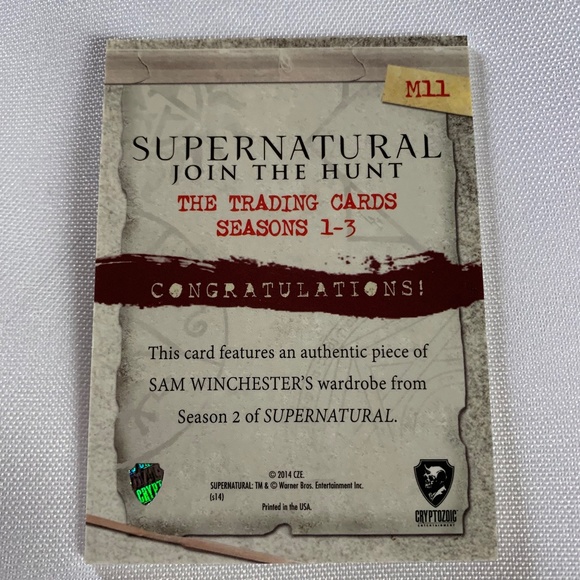 Authentic Cryptozoic Wardrobe Trading Card from the TV Show Supernatural! - Picture 2 of 2